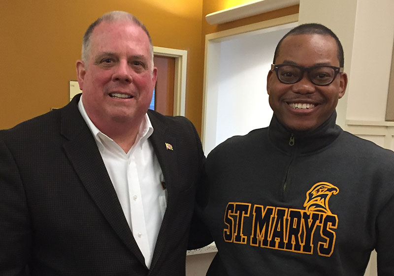 Cody Dorsey greeted Maryland Governor Lawrence J. Hogan, Jr. on March 28th during Governor’s visited to SMCM. to celebrate the 350th anniversary of the signing of the Articles of Peace and Amity at St. Mary’s City. Governor Hogan is the second Republican Governor in Maryland in nearly 50 years.