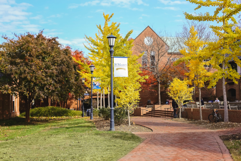 Beautiful fall foliage line brick walkways toward Campus Center