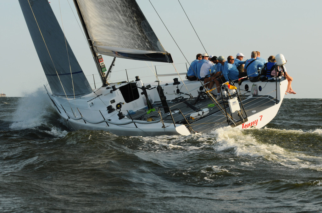 The Flying Jenny 7, skippered by David Askew, plies the bay during the 2011 Governor’s Cup Yacht Race. Photo by Allen Clark/PhotoBoat.com.