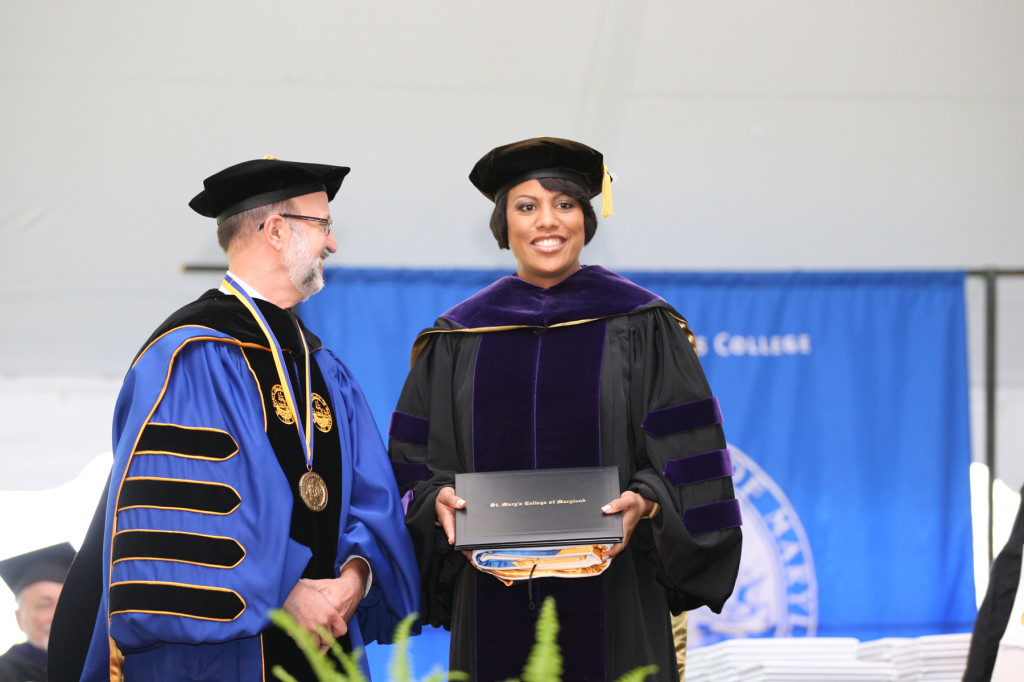 St. Mary’s College of Maryland President Joe Urgo and Commencement speaker Stephanie Rawlings-Blake, mayor of Baltimore at Saturday’s ceremony on the college campus (photo by Bill Wood).