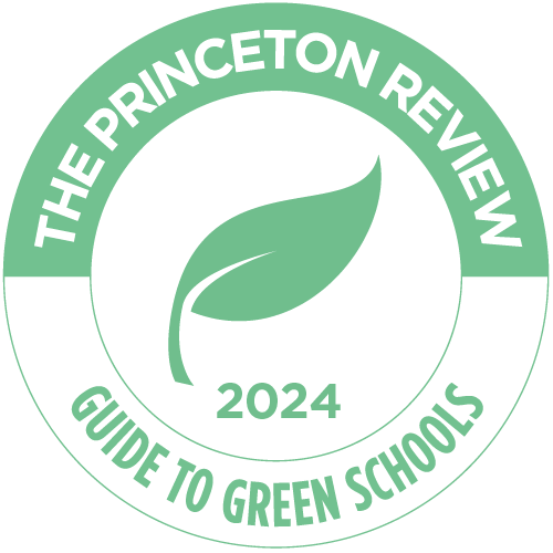Green circular logo with a leaf in the center. Text reads: The Princeton Review Guide to Green Schools 2024.