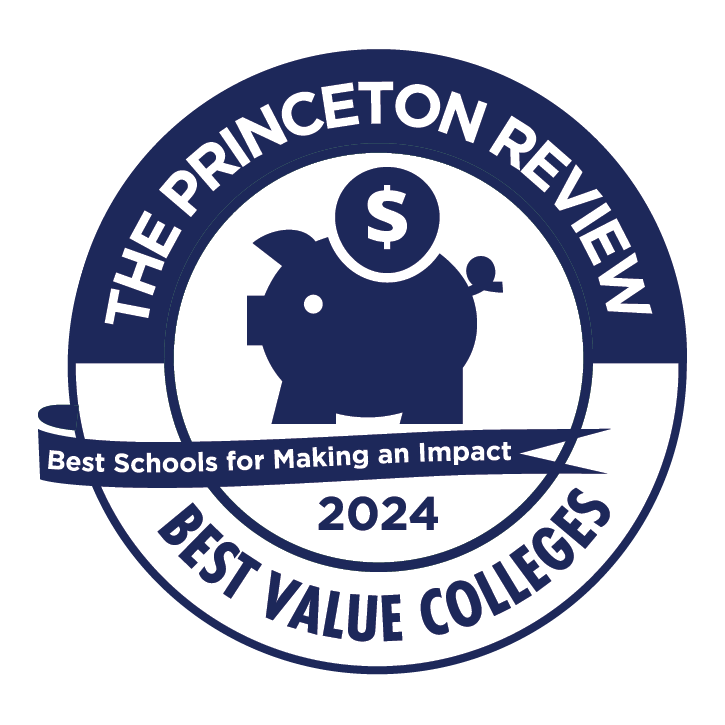 Blue and white circular badge with a piggy bank icon. Text reads: The Princeton Review Best Schools for Making an Impact 2024 Best Value Colleges.
