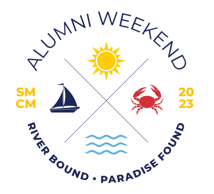 Logo that says, SMCM Alumni Weekend 2023. River Bound, Paradise Found