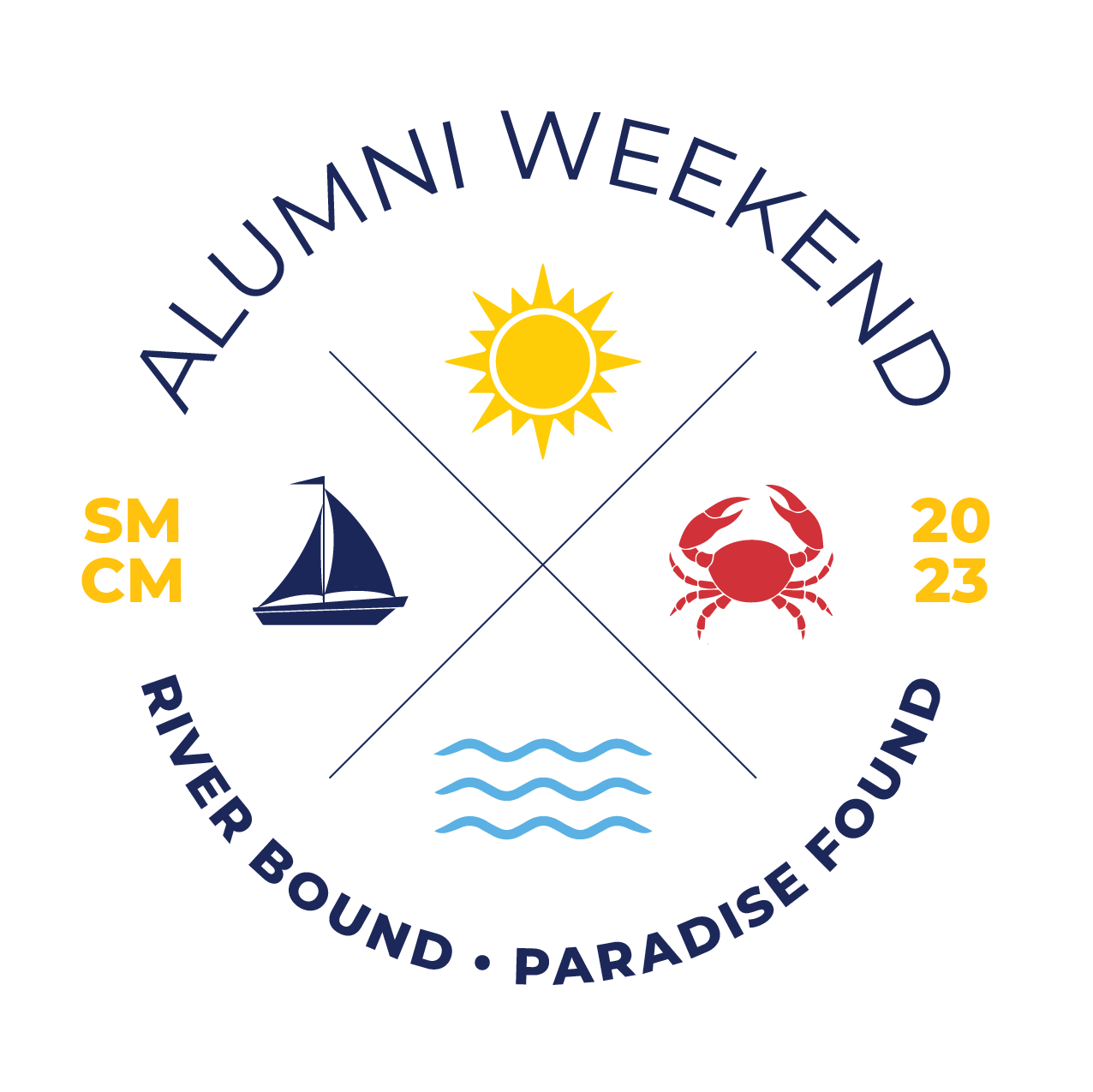 Logo that says, SMCM Alumni Weekend 2023. River Bound, Paradise Found