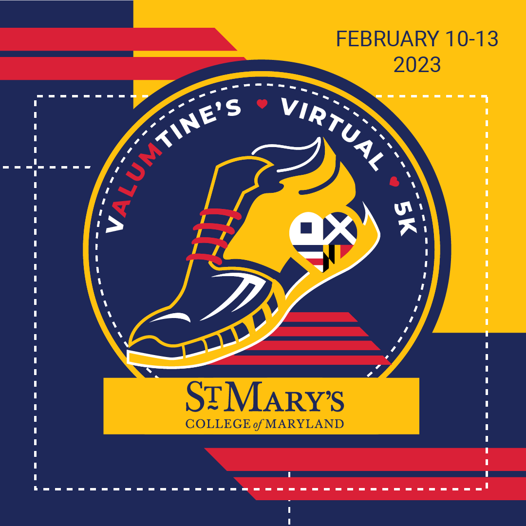 Red, navy and gold running shoe logo with the text, Valumtine's Virtual 5K, St. Mary's College of Maryland, February 10-13 2023