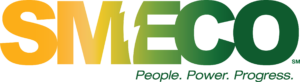 SMECO logo with a gradient from yellow to green and a lightning bolt in the "M." Text below reads "People. Power. Progress."