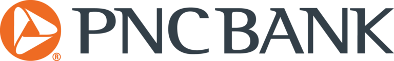 The image shows the PNC Bank logo, featuring an orange circle with a white abstract design next to the text "PNC BANK" in dark gray letters."