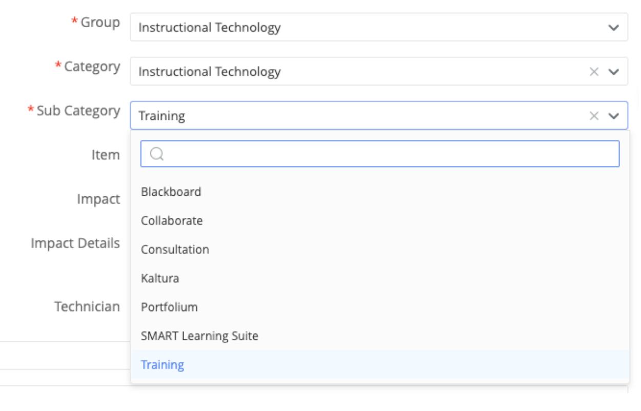 A dropdown menu under "Sub Category" displays training options such as Blackboard, Collaborate, Consultation, Kaltura, Portfolio, SMART Learning Suite, and Training.