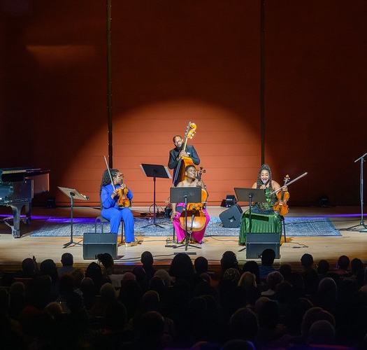 Four musicians perform on stage with string instruments and a piano, under a spotlight, in front of an audience.