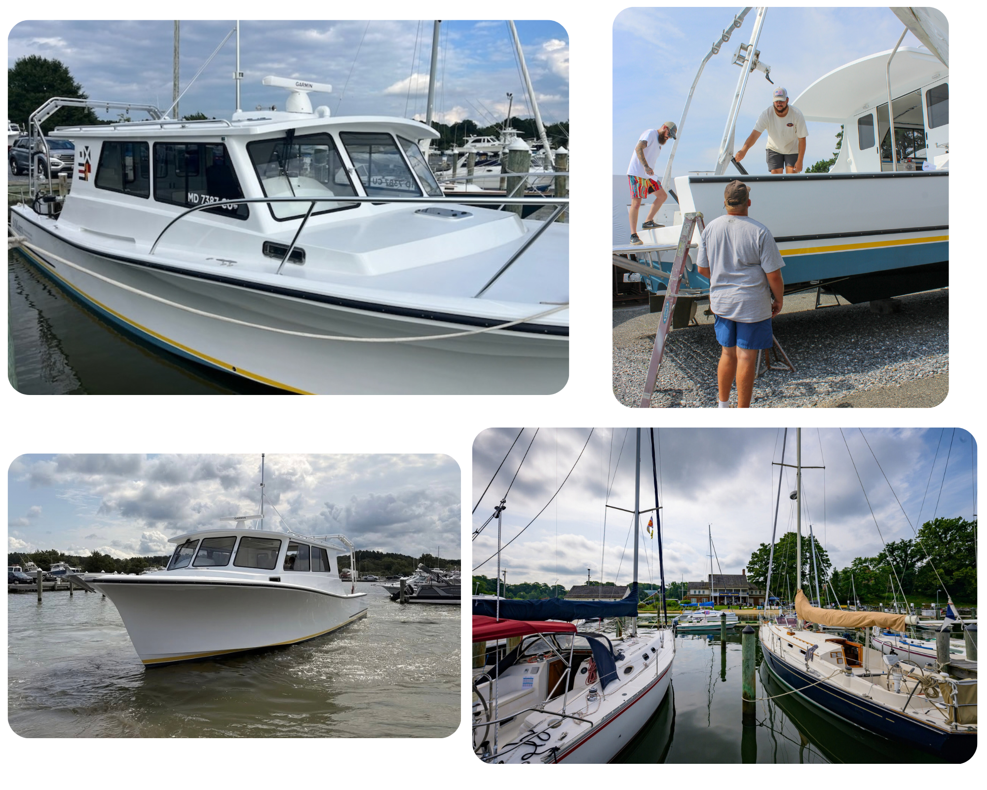 Four images of boats: a docked cabin cruiser, three people working on a boat, a white boat in motion, and two sailboats moored at a marina.