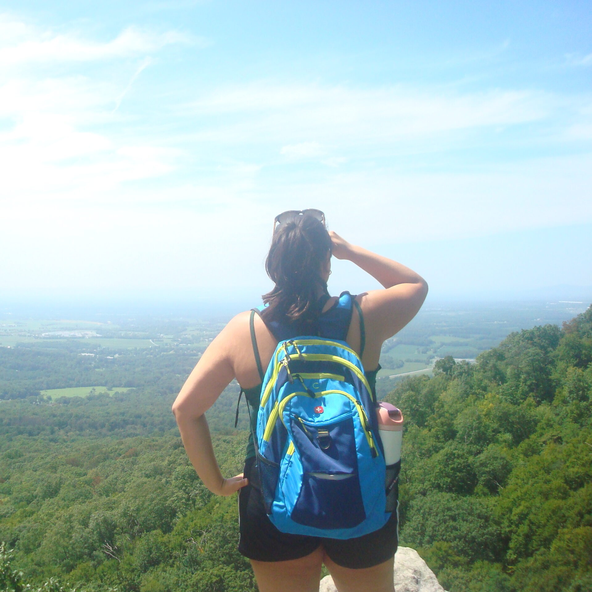 A person with dark hair and a blue backpack stands on a rocky overlook, facing a scenic view of green hills and a valley under a partly cloudy sky.