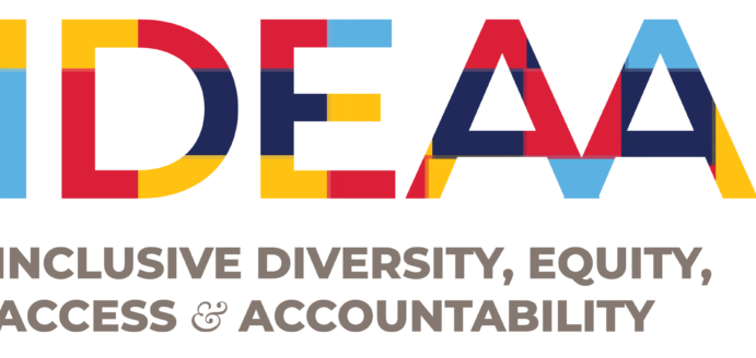The text "IDEAA" is shown in colorful, block letters, with the phrase "Inclusive Diversity, Equity, Access & Accountability" below in gray text.