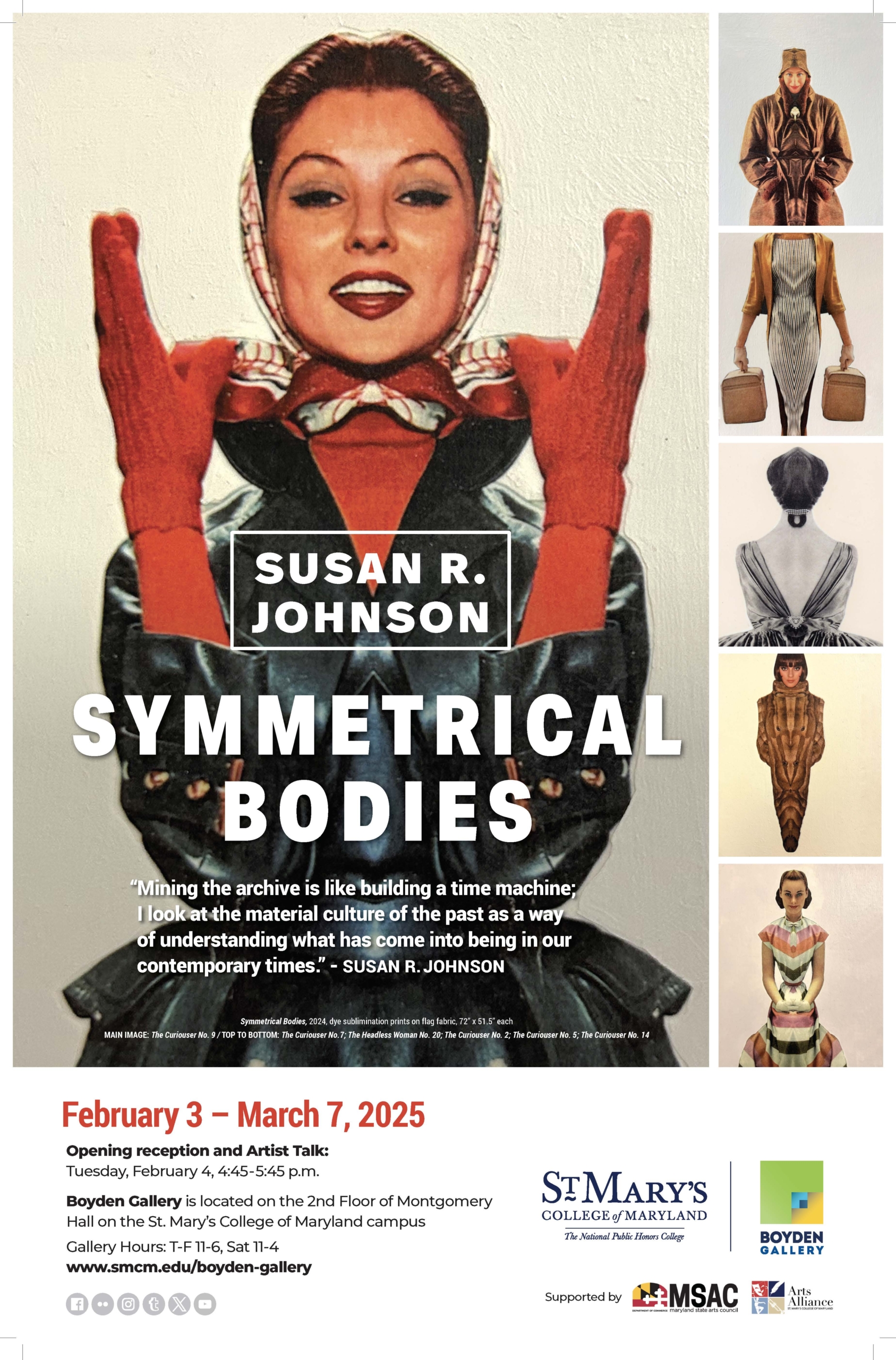 BOY 30 Symmetrical_L5_FA_POSTER for image Poster for "Symmetrical Bodies" exhibit by Susan R. Johnson, featuring a vintage-style image of a smiling woman clasping her hands. Below are retro illustrations of flight suits. The exhibit runs from Feb 3 to Mar 7, 2025, at Boyden Gallery.