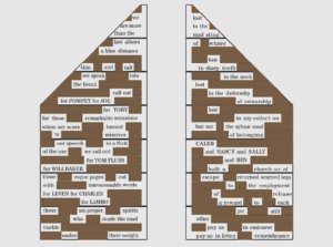 Two house-shaped columns of text tiles form a found poem about longing, memory, and connection, with each phrase placed on brown and white rectangular tiles.