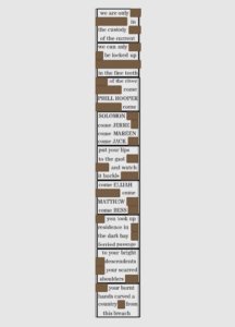 A vertical poem with brown-highlighted words, calling various names and describing the legacy and hardship of ancestors who shaped a country from struggle.