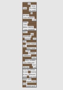 A vertical arrangement of magnetic poetry words and phrases on a white background, forming a poetic text about oppression, names, and confronting peril.