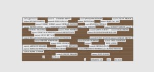 Text blocks with names and phrases, arranged in a grid-like pattern on a light background, resembling a cut-and-paste collage of assorted labels and titles.