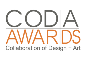 Logo for CODA Awards, featuring the text "CODA AWARDS" with "CODA" in gray and "AWARDS" in orange. Below, it reads "Collaboration of Design + Art" in gray.