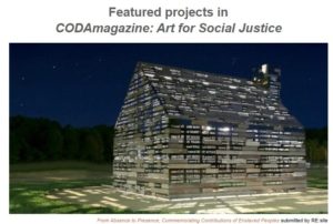 House-like metal art installation with cut-out words, illuminated at night. Caption: 'From Absence to Presence, Commemorating Contributions of Enslaved People.
