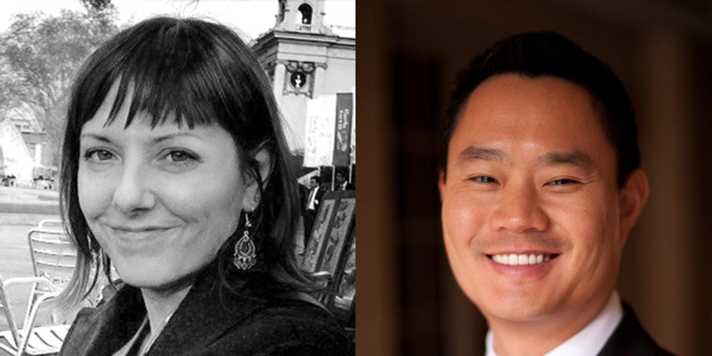 Side-by-side portraits of a woman with dark hair and earrings, smiling outdoors, and a man with short dark hair, smiling indoors.