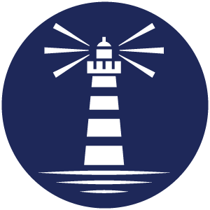 White lighthouse icon with light beams, set against a dark blue circular background with three wave lines below the lighthouse.