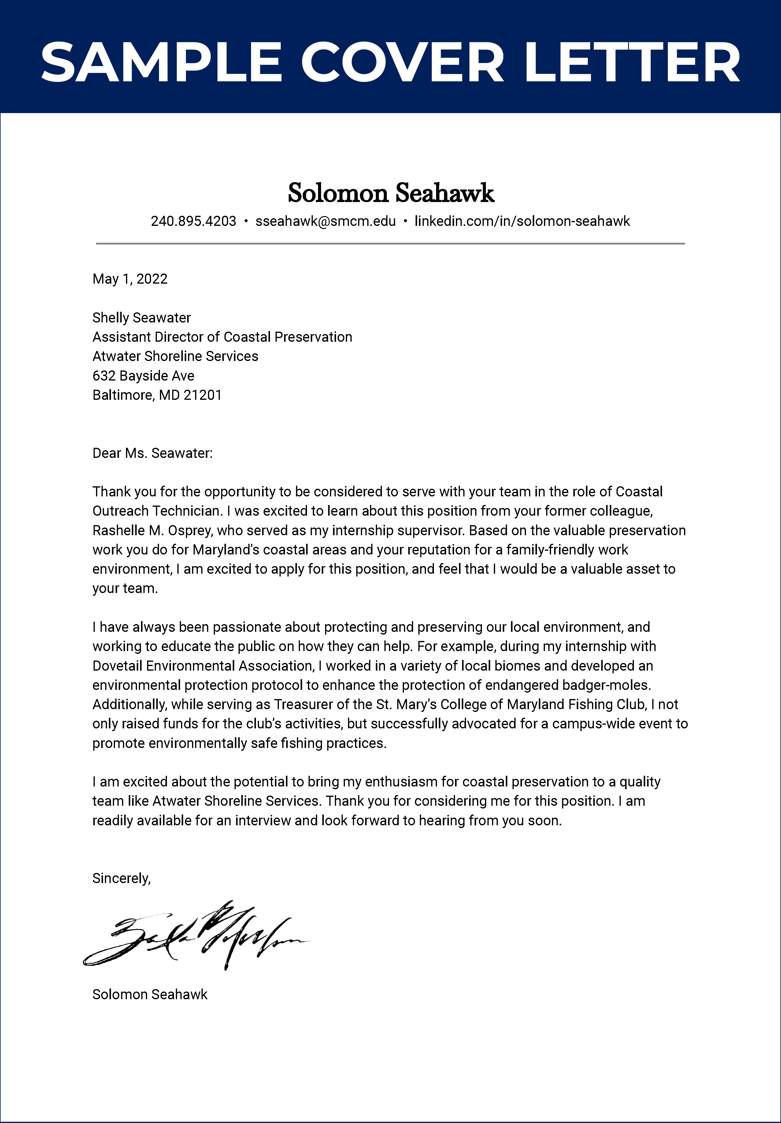 Example of a formatted cover letter