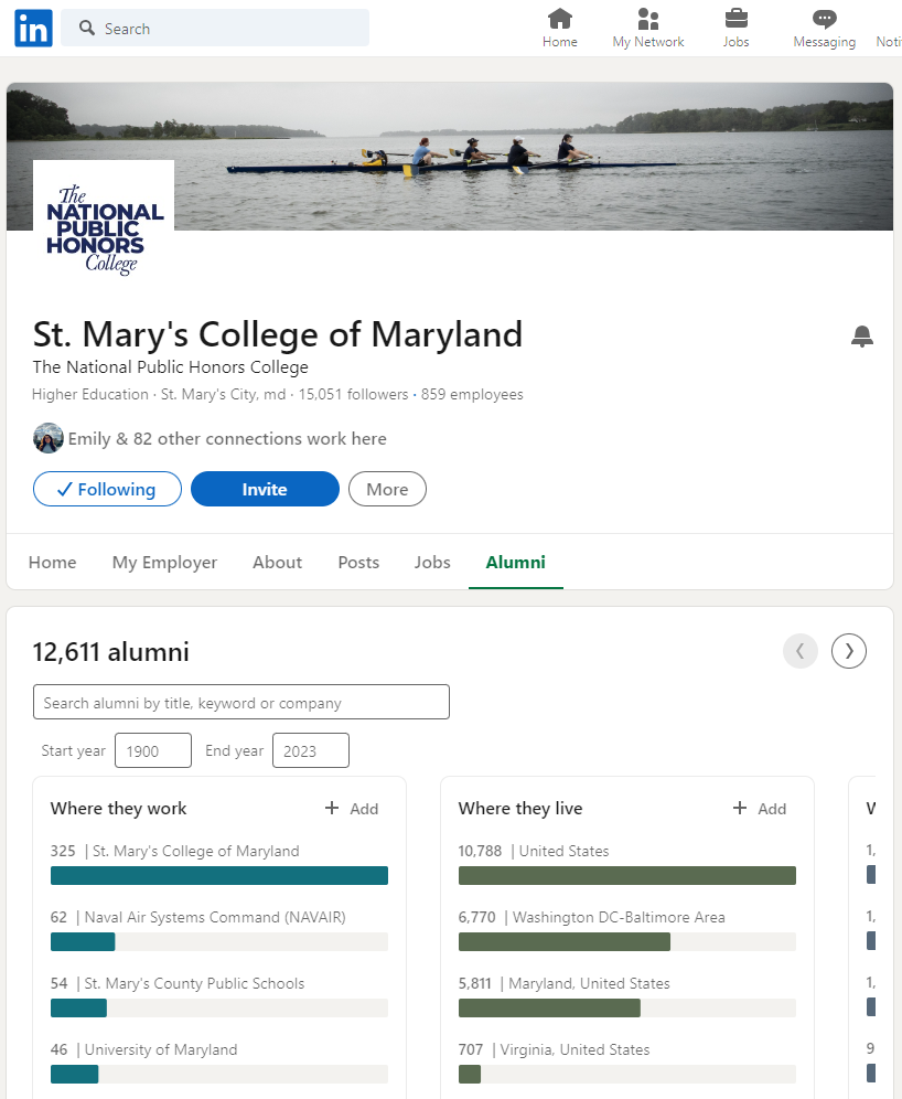 LinkedIn alumni tool screenshot Screenshot of LinkedIn's alumni tool for SMCM