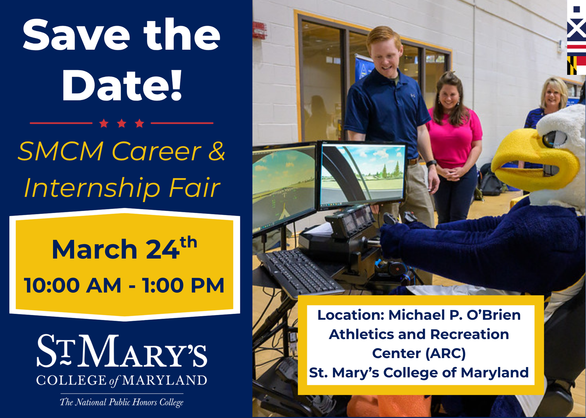 A person in a mascot costume interact with flight simulator controls at a career fair event; others observe in the background. Event details are displayed on the image.