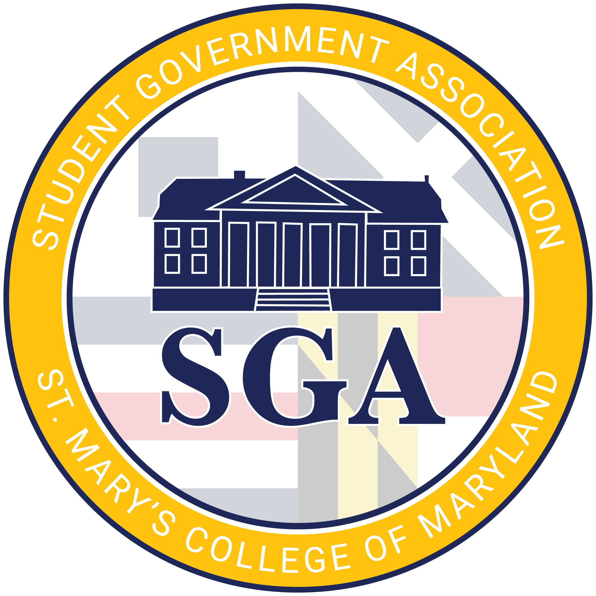 SGA+Logo+2021-2 Logo of the Student Government Association, St. Mary's College of Maryland, featuring a stylized building and the acronym "SGA" on a circular background with a Maryland flag motif.