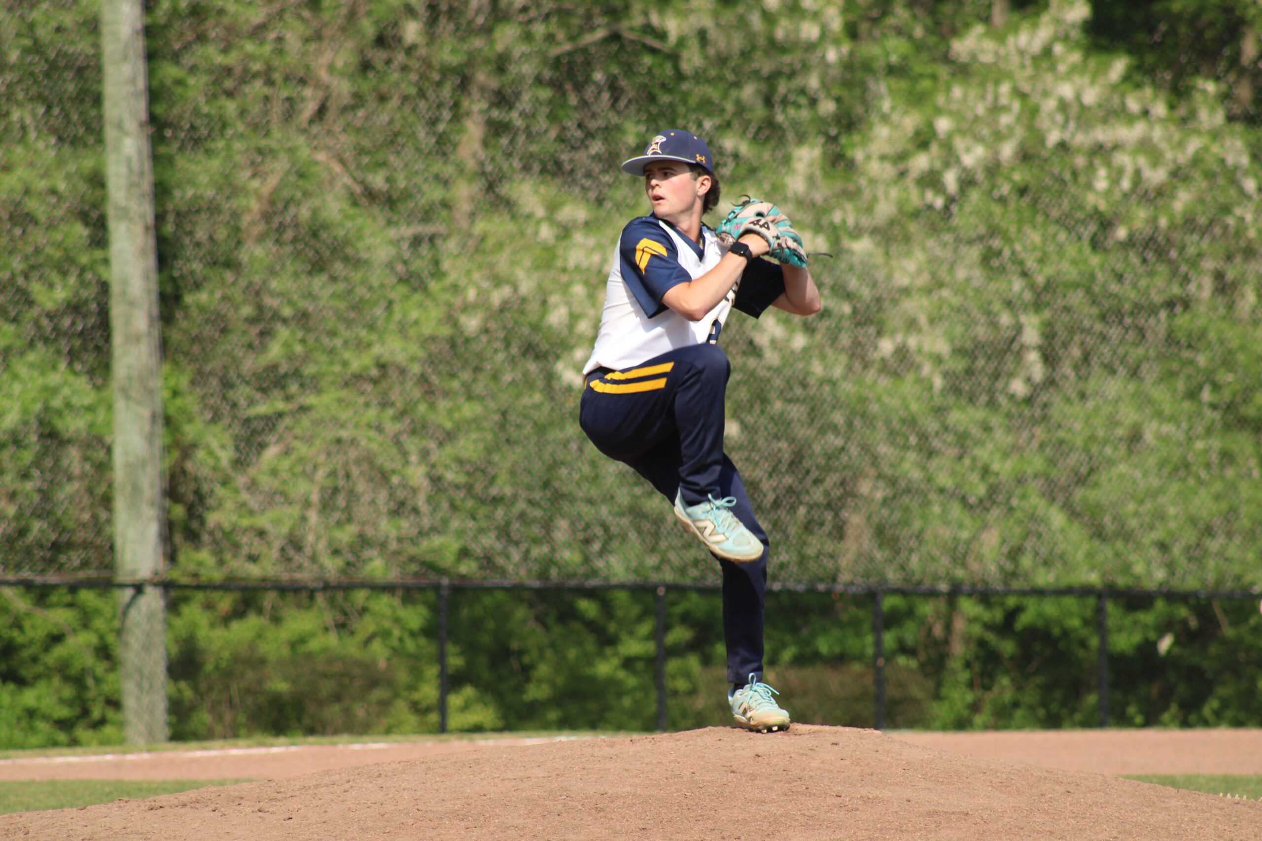 A baseball pitcher in a blue and white uniform stands on the mound mid-windup, preparing to throw a pitch during a daytime game. Trees and fencing are visible in the background.