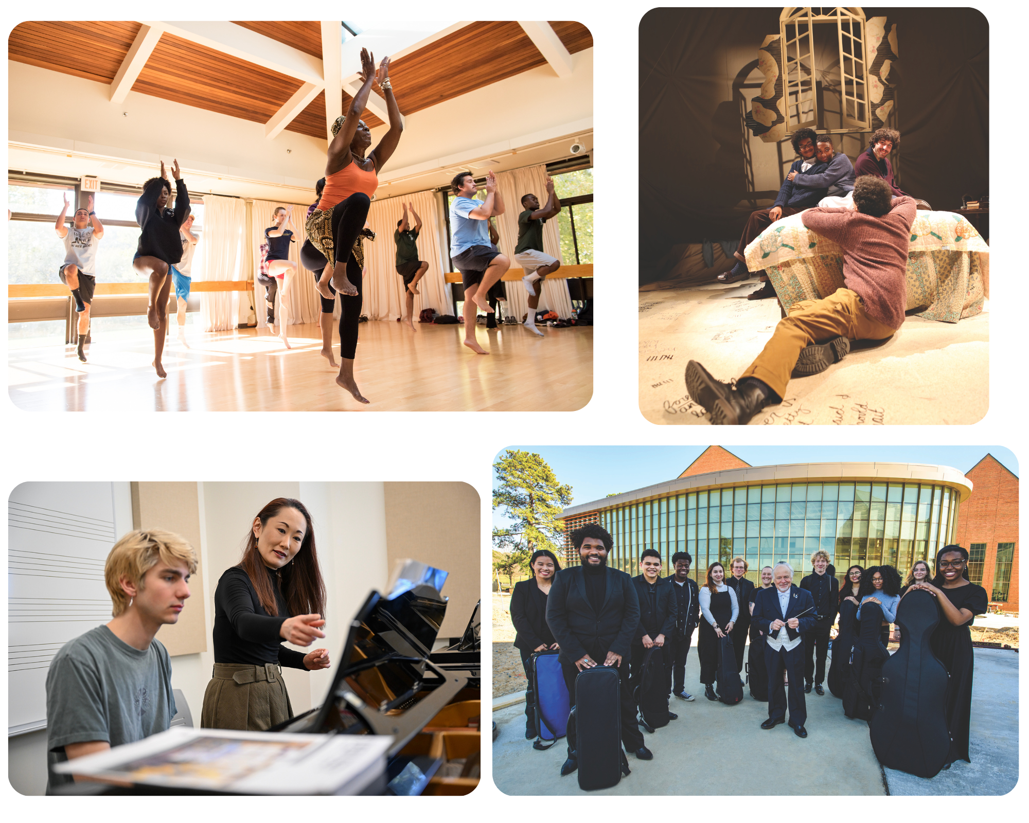 A collage of four images: Dancers practicing in a studio, actors rehearsing on a set, a pianist and teacher at a grand piano, and a group of people in formal attire standing outside a modern building.