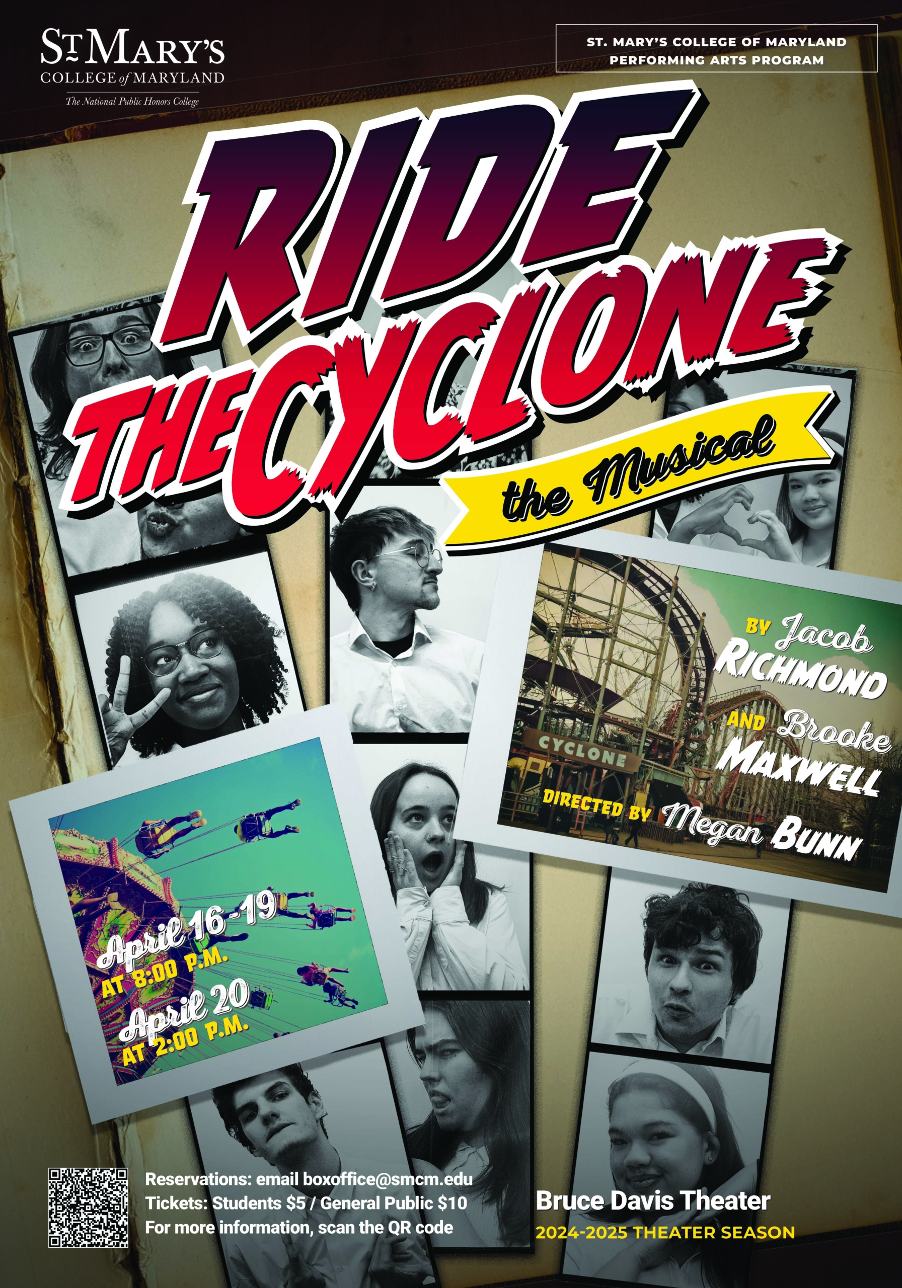 Poster for "Ride the Cyclone: the Musical" at St. Mary's College of Maryland, April 16-20, featuring a collage of character images and event details.