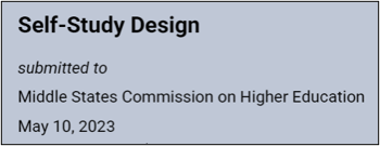 Text on a gray background reads: "Self-Study Design submitted to Middle States Commission on Higher Education May 10, 2023.