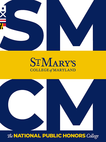 Logo for St. Mary's College of Maryland. Large blue letters "SMCM" on a white background with a yellow band across the center; Maryland flag in the top left corner. Text: "The National Public Honors College.