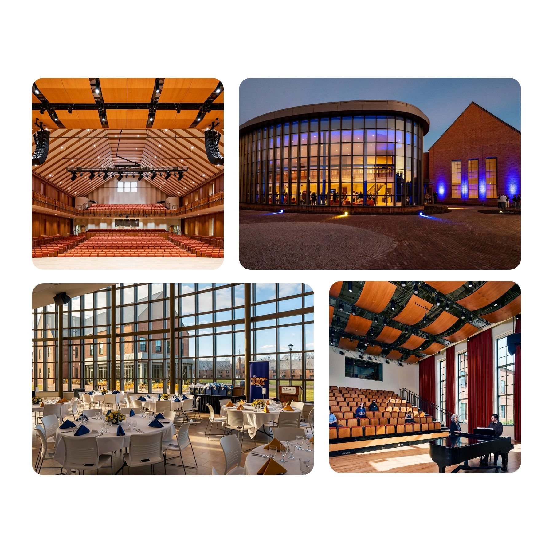 Collage of a modern auditorium. Top left and bottom right: interior views with chairs and stage. Bottom left: round tables set for dining. Top right: exterior view with curved glass facade at dusk.