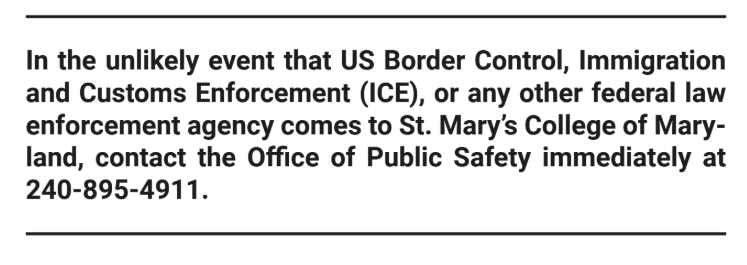 Front of card instructing to contact the Office of Public Safety at 240-895-4911 if federal law enforcement agencies visit St. Mary’s College of Maryland.