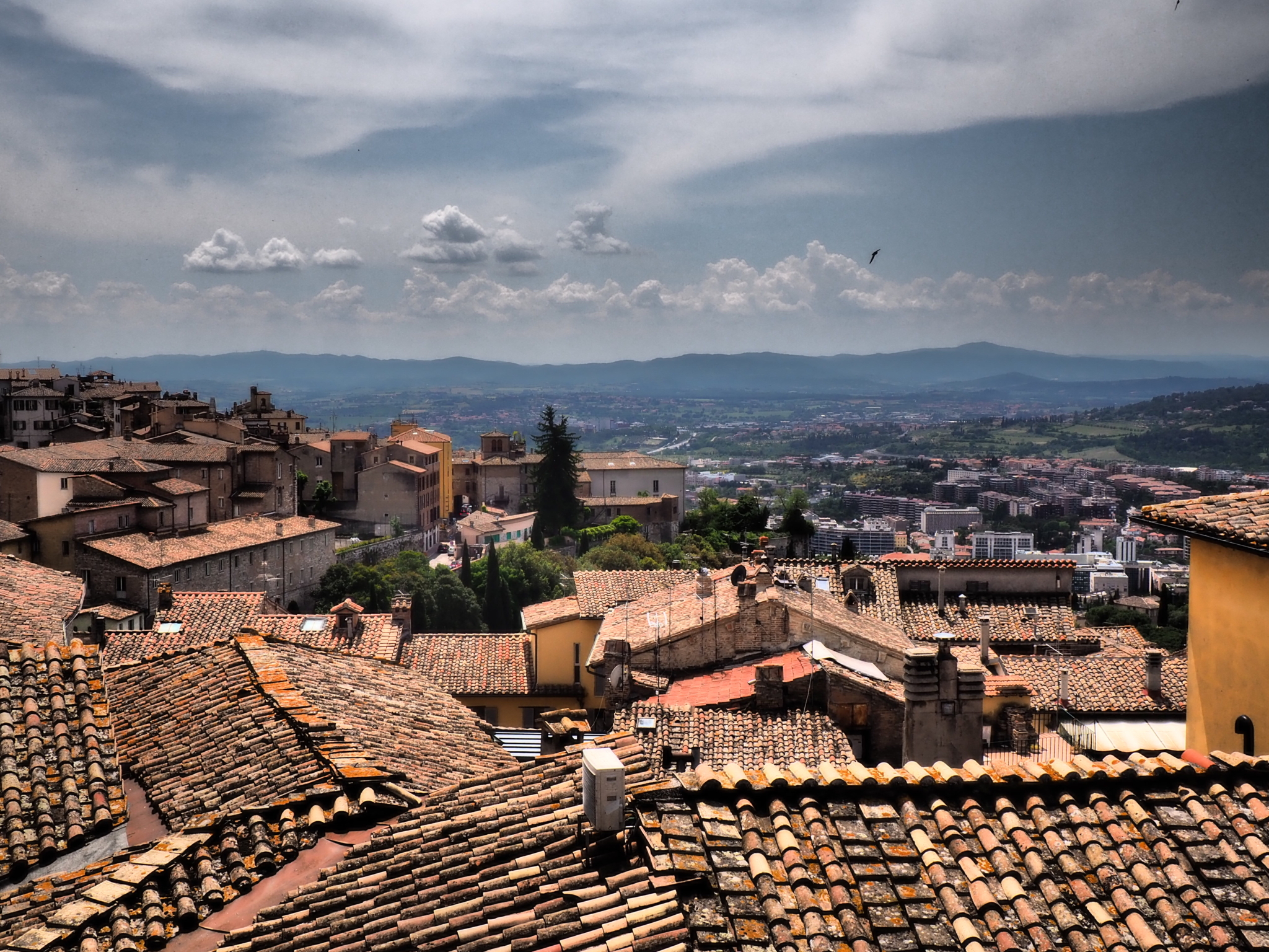View of a town with terracotta tiled rooftops in the foreground, buildings and greenery in the midground, and mountains under a cloudy sky in the distance.