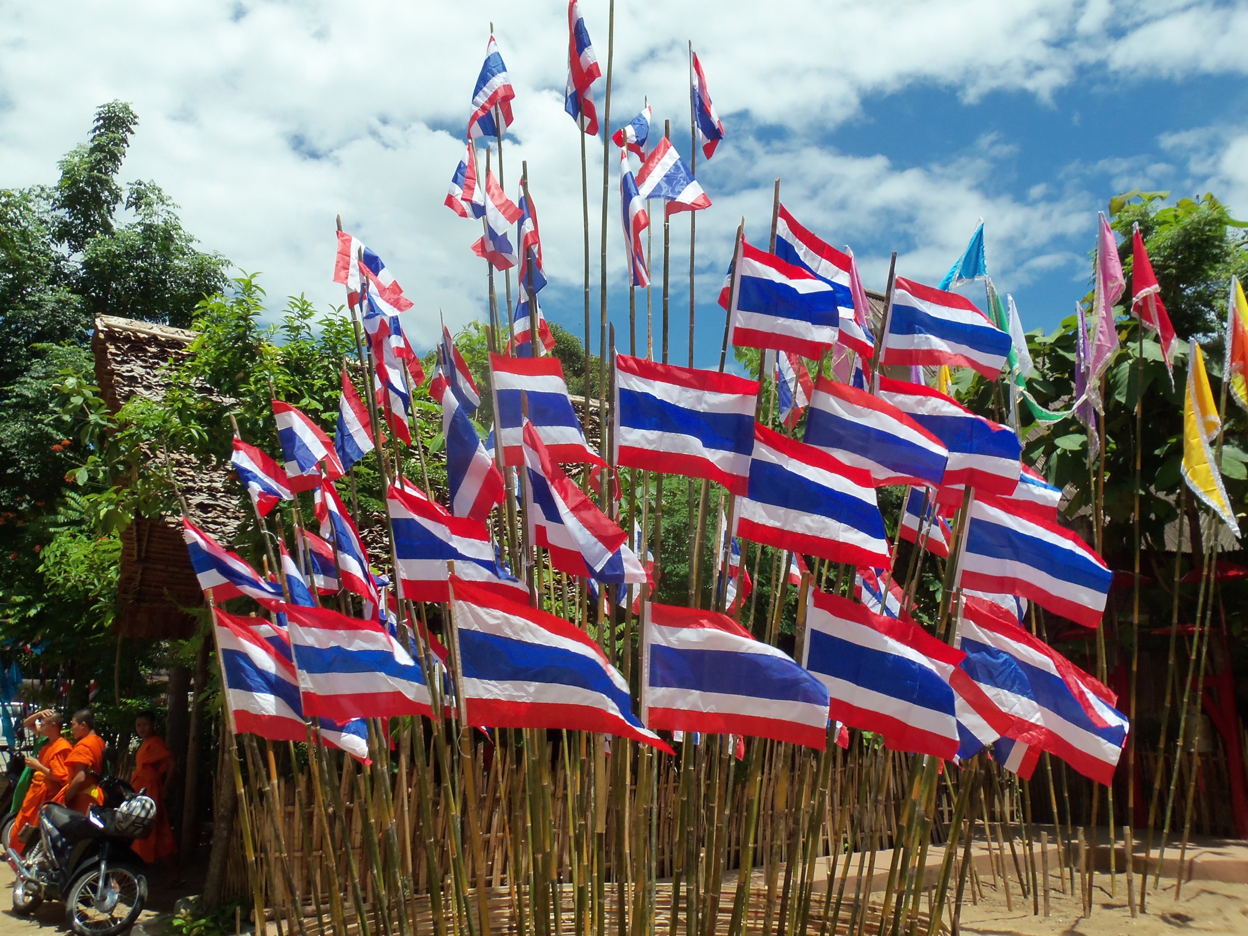 Dozens of Thai flags on bamboo poles are grouped together outdoors with trees, sky, and people in orange robes visible in the background.