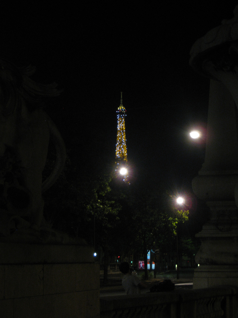 The Eiffel Tower illuminated at night, seen from behind dark foreground statues and streetlights in Paris.