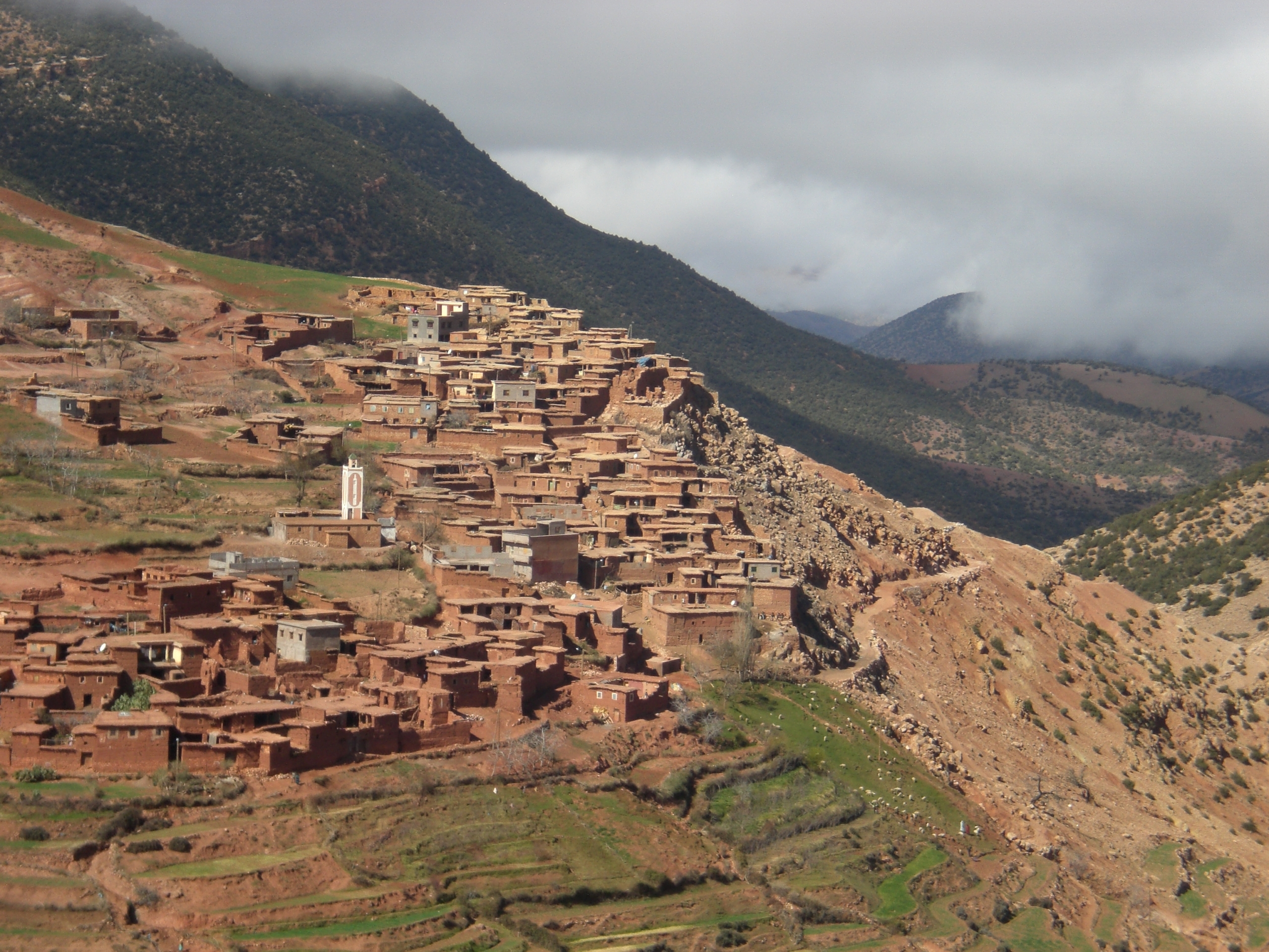 A hillside village with flat-roofed, earth-toned houses clustered together, surrounded by terraced fields and mountains under a cloudy sky.