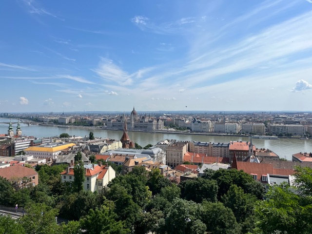 A cityscape view of Budapest with the Danube River running through it, showing historic buildings, churches, and greenery under a blue sky with light clouds.