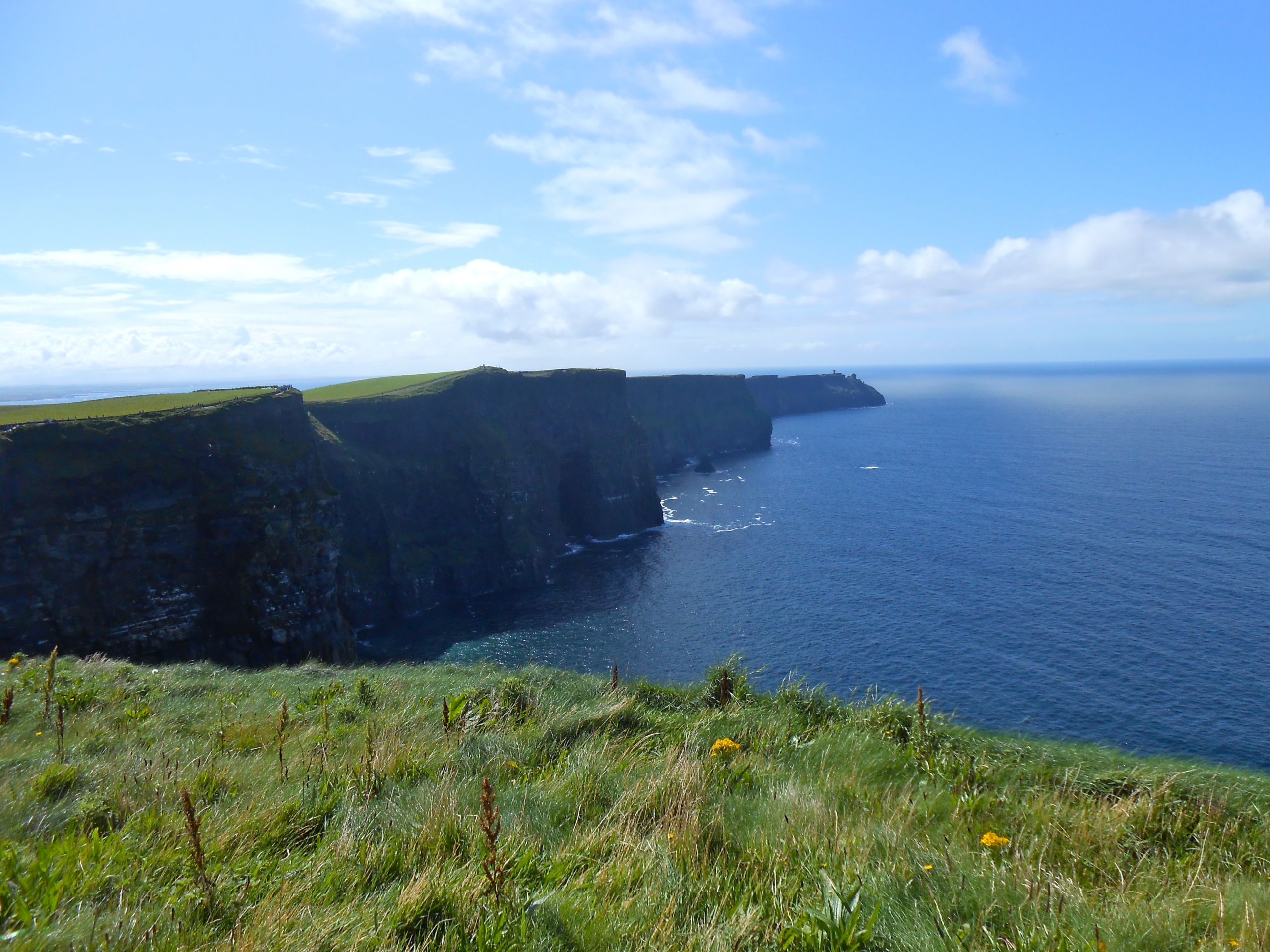 Cliffs of Moher rise above the Atlantic Ocean under a partly cloudy sky, with green grass in the foreground and blue sea stretching toward the horizon.