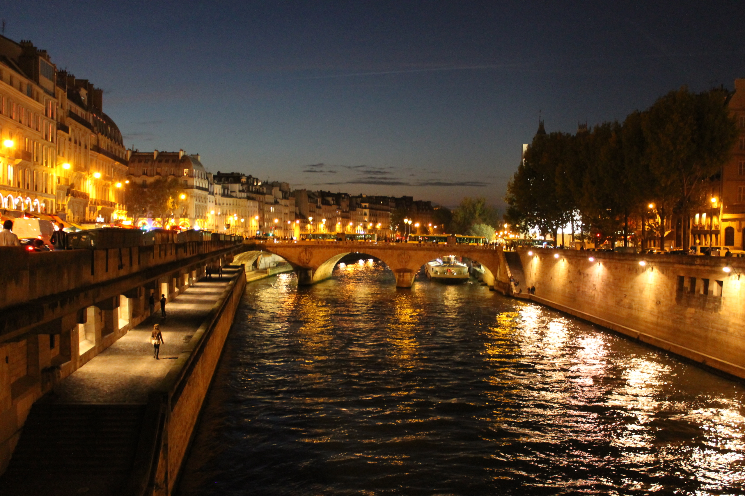 Night view of the Seine River in Paris with illuminated bridges and buildings, reflecting city lights on the water, and a person walking along the riverside pathway.