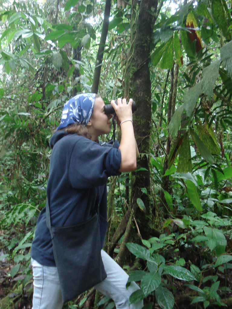 Person wearing a blue bandana and hoodie stands in a dense forest, using binoculars to observe something in the trees.