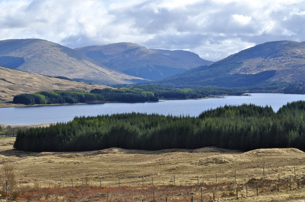A lake bordered by dense evergreen forests and rolling hills under a partly cloudy sky.