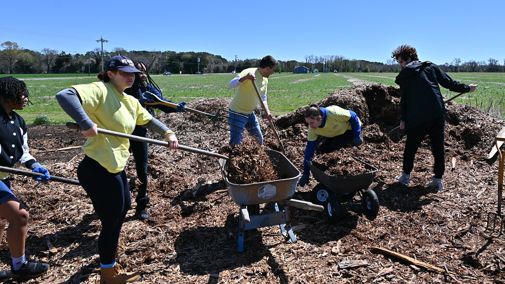 B2B Service 2 A group of people wearing yellow shirts work together outdoors, using shovels to fill wheelbarrows with mulch from a large pile. The scene is set in a vast, open field under a clear blue sky.