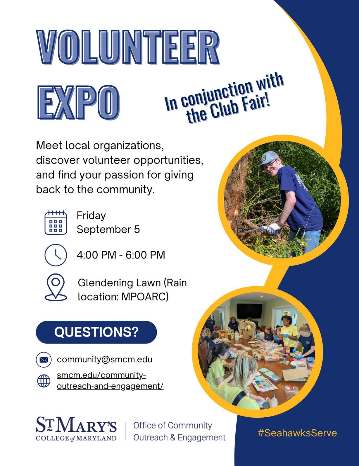 Flyer for a Volunteer Expo on Friday, September 5, 4–6 PM at Glendening Lawn, St. Mary's College of Maryland, with event details and contact information.
