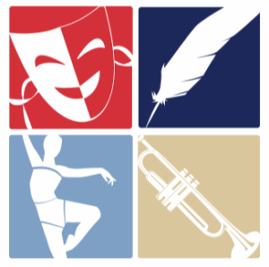 Four quadrants show icons of a theater mask, a quill, a dancer, and a trumpet, each on a different colored background.