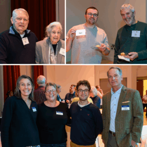 Three groups of people at a social event indoors, all wearing name tags and smiling for the camera. Some are holding plates of food.