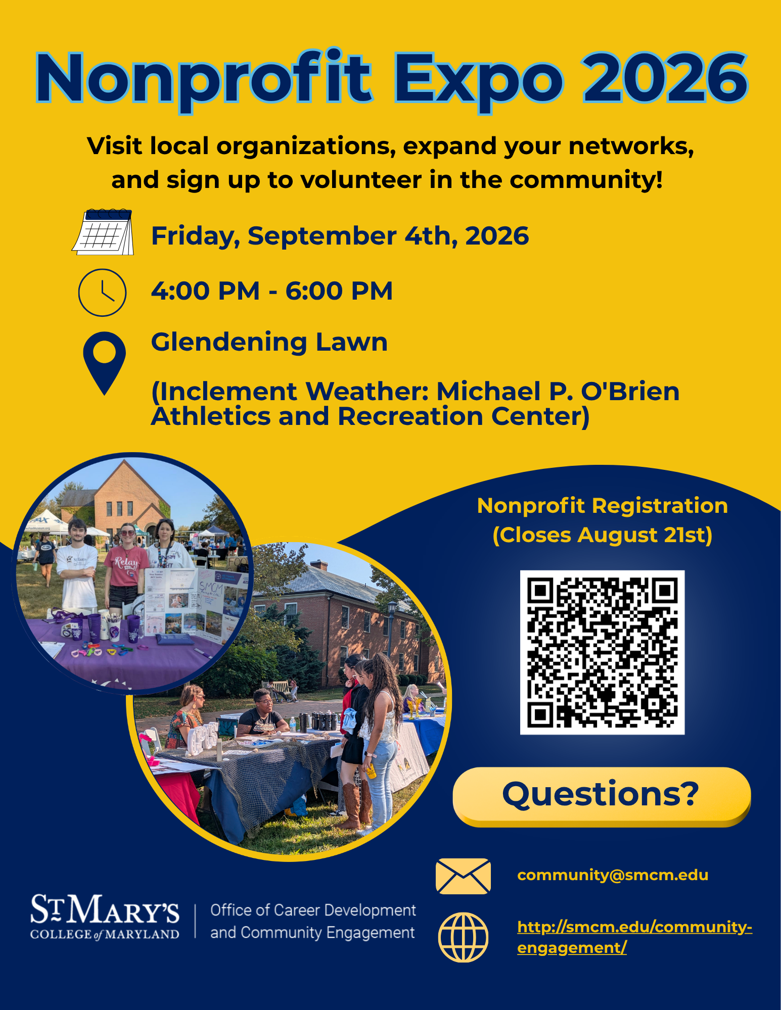 Flyer for Nonprofit Expo 2026 at Glendening Lawn on September 4th, 4-6 PM, with event details, QR code for registration, and St. Mary’s College of Maryland branding.